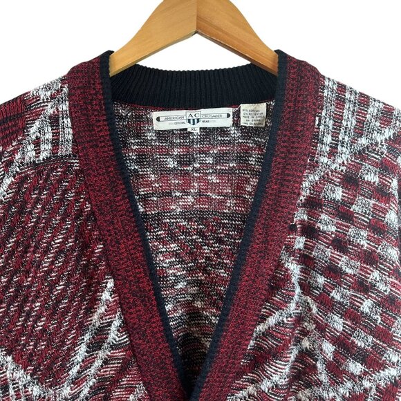 Vintage American Crusader Maroon Abstract Knit Cardigan Men’s XL Grunge Cobain - Picture 3 of 6